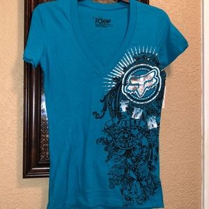 NWT FOX Riders Vintage V Neck T Shirt. Size Small.  Silver metallic design. Teal
